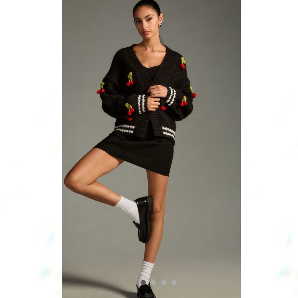 Anthropologie Maeve Black Varsity Cardigan Sweater 3D Cherry - Picture 2 of 8
